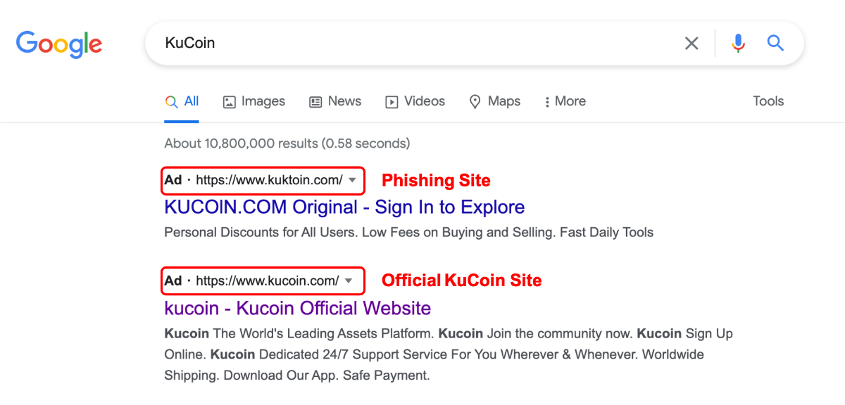 beware fake kucoin search